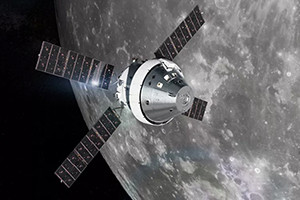 An illustration of NASA’s Orion Artemis I spacecraft orbiting the Moon. Credit Lockheed Martin