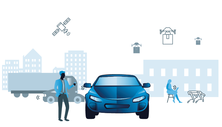 Illustration of a man next to a car. Behind him is an urban landcape with cars, trucks, pedestrians. Satellites and delivery drones fly overhead.