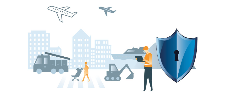 Illustration of a person with a tablet standing under an umbrella before an urban scenery with buildings, a ship, a fire truck, a digger and a parent and child crossing a street. Airplanes fly overhead
