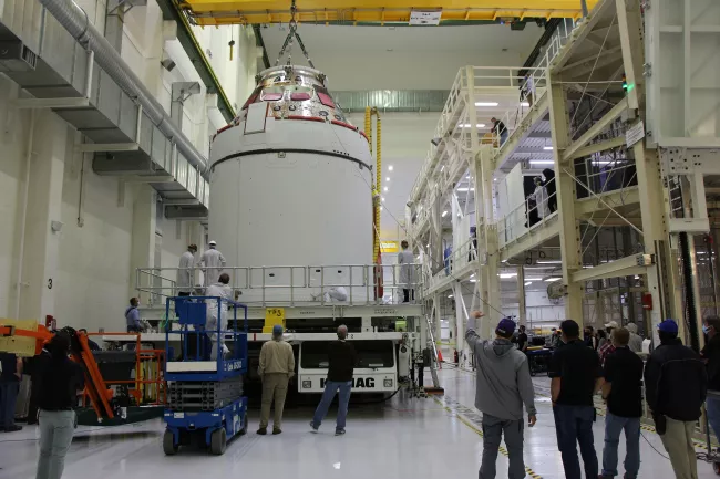 The Orion spacecraft during production. Credit Lockheed Martin