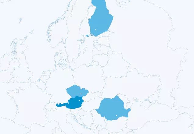 map that shows TTTech chip development locations: Vienna, Brno, Bucharest, Tampere