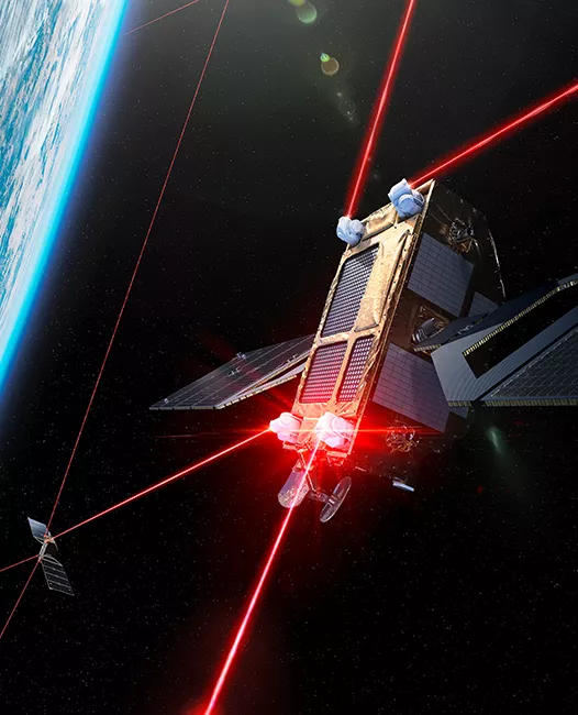 Artist's impression of a satellite communicating with Earth via laser