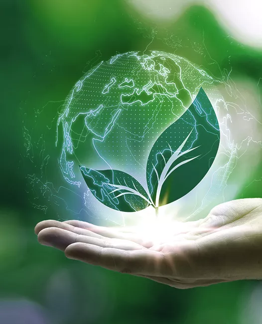 a digital image of planet Earth with a green leave inside floats over a human hand